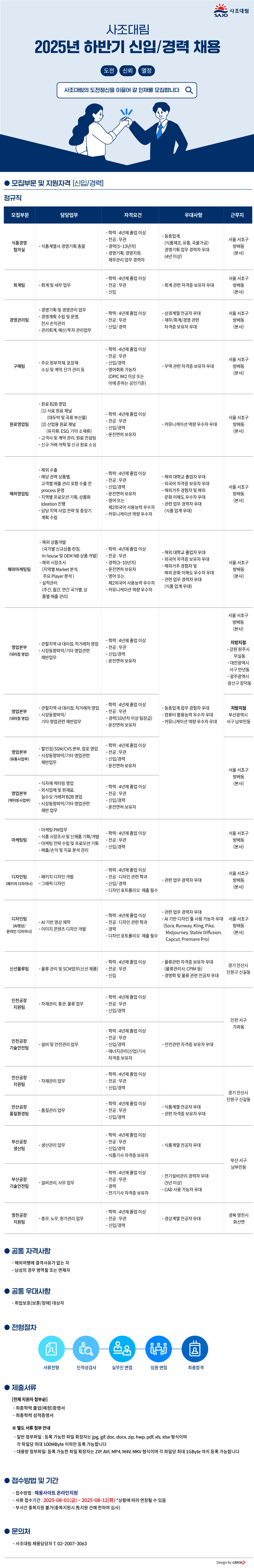 [사조대림] 2025년 하반기 신입/경력 채용