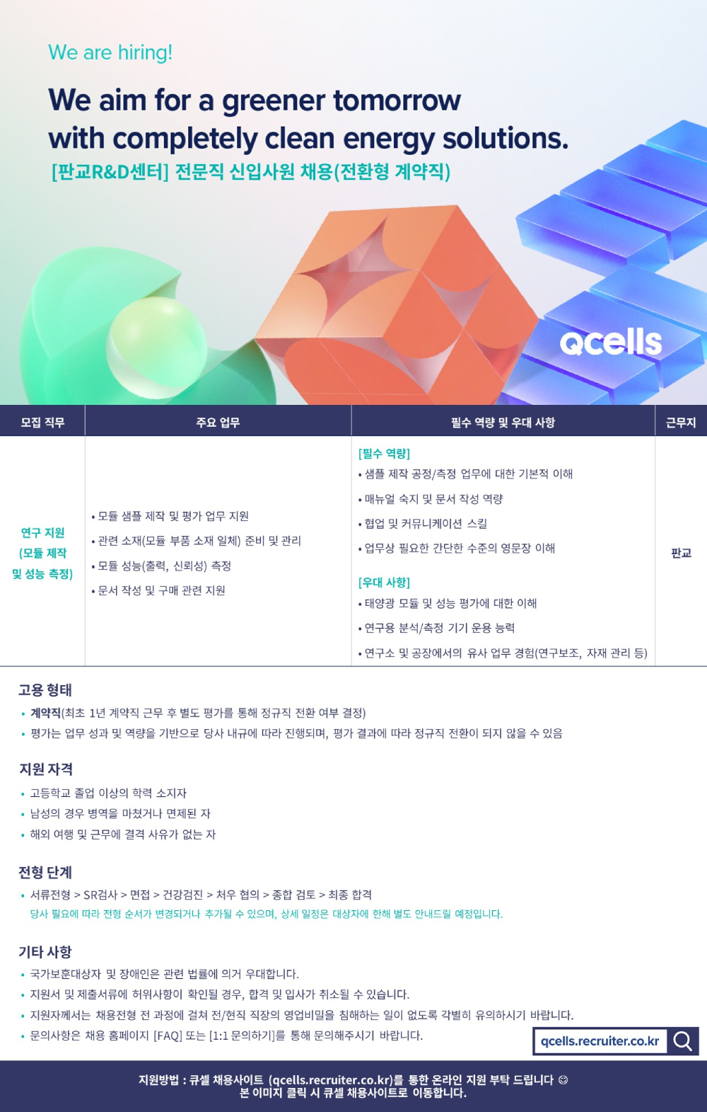 [한화솔루션] [큐셀/판교R&D센터] 전문직 신입사원 (전환형 계약직) 채용