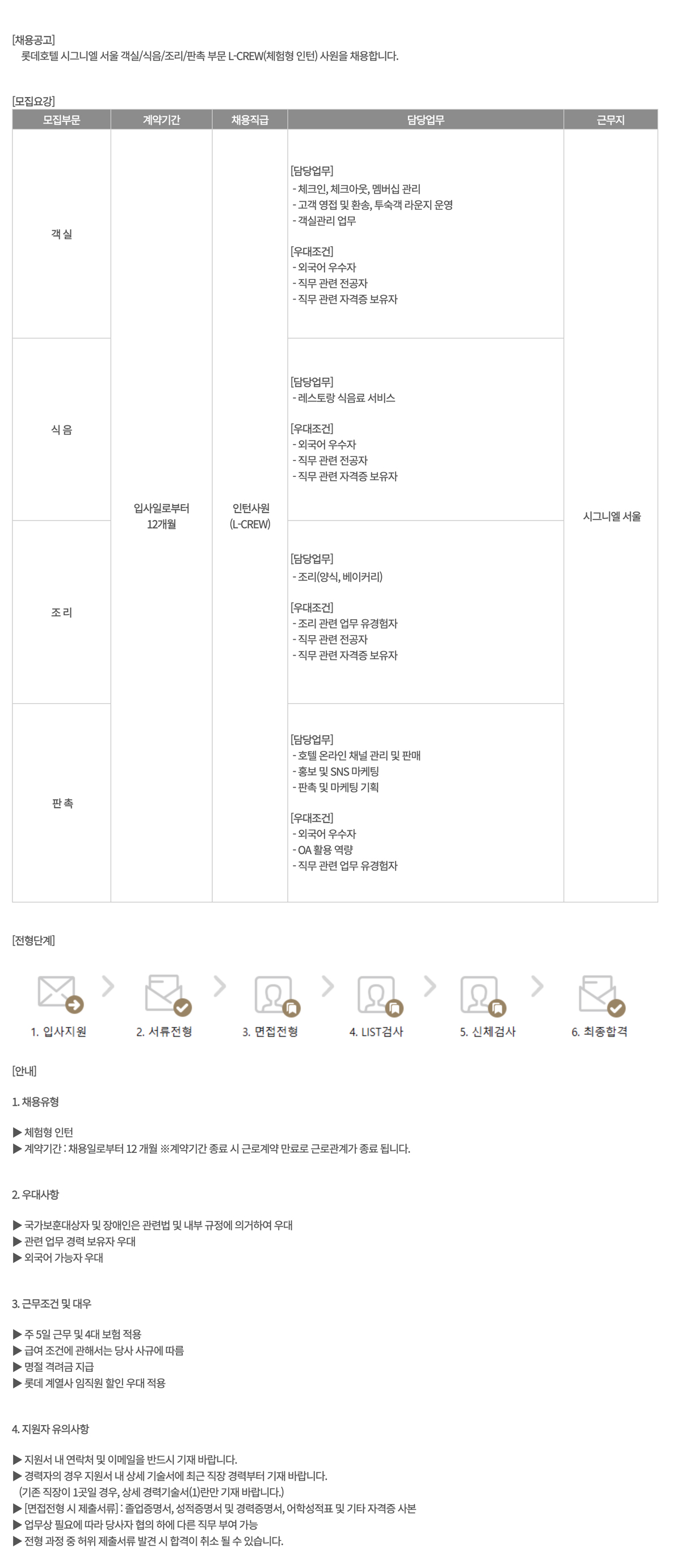 [호텔롯데] (1월) 시그니엘 서울 L-CREW(체험형 인턴) 채용