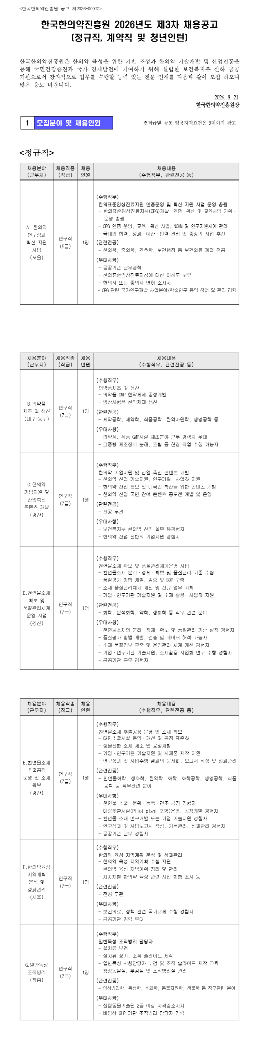 [한국한의약진흥원] 2026년도 제3차 채용 (정규직, 계약직 및 청년인턴)